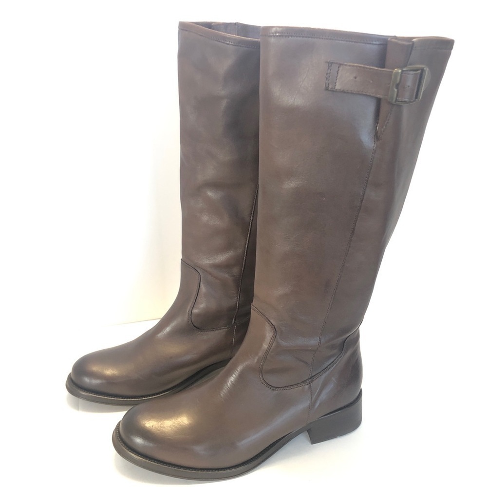 Brown Leather Tall Riding Boots 8.5M Buckle Low Heel Hardy Amaya NWOB